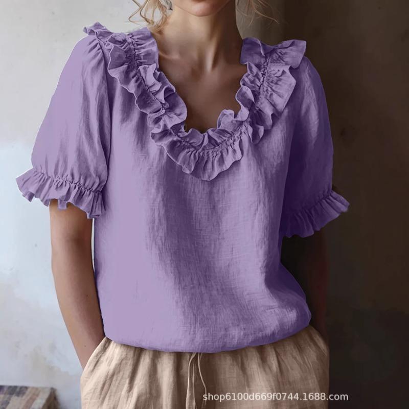 Women's Summer Solid Color Short Sleeve Shirt, Vintage Pullover Blouse