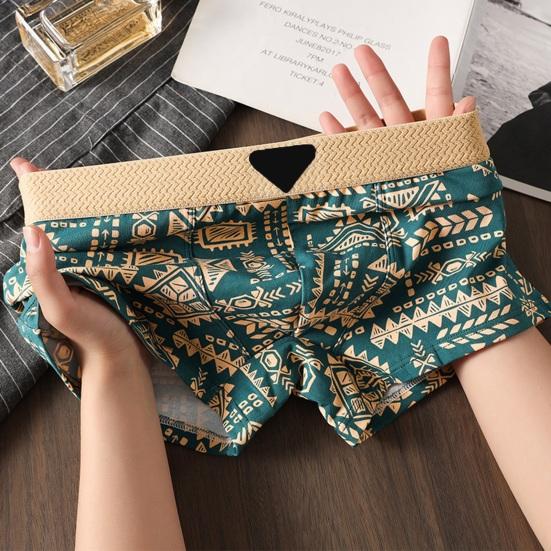 Boxer Underwear Mid-rise Elastic Waistband U-Convex Shorts Briefs Retro Printing Panties Sleepwear Daily Wear