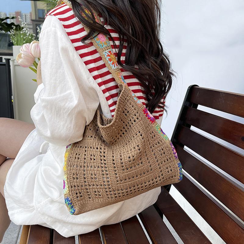 Large Capacity Fashion Cut-out Boho Tote Bag Trendy Floral Crochet Handmade Knitted Bag Vintage Multicolor Hollow Out Handbag