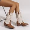 Women's Square Heel Embroidered Slimming Mid-Calf Boots Middle Heels Pointed Toe Mixed Colors Knight Boots Patchwork Women Shoes