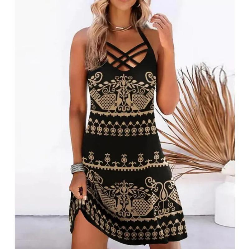 European and American Women's Clothing A-shaped Skirt Summer Retro Printing Neck Leak Back Sleeveless Dress