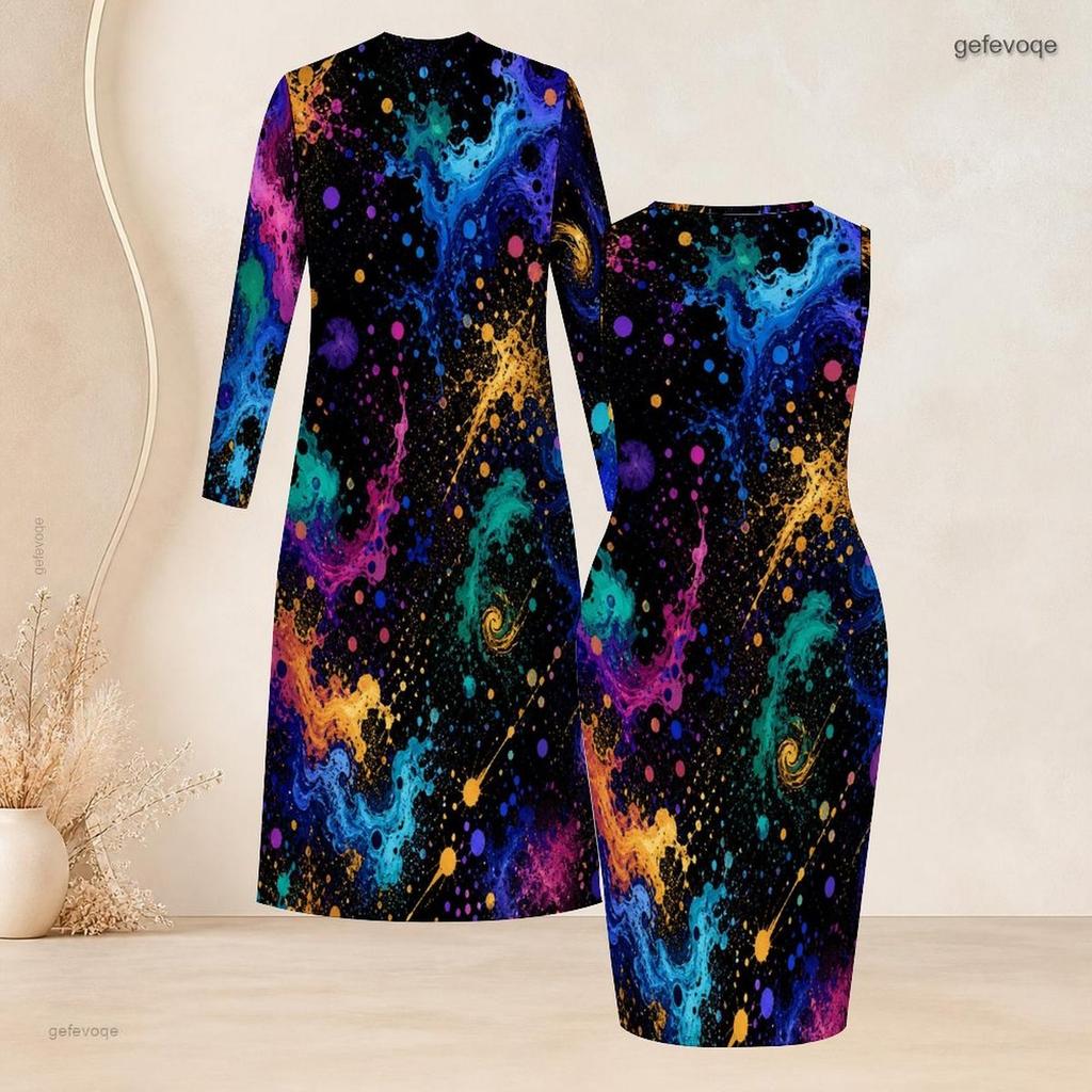 Damen Übergröße Zweiteiliges Outfit Langärmeliger Offener Cardigan Ärmelloses Bodycon Kleid mit Aufdruck