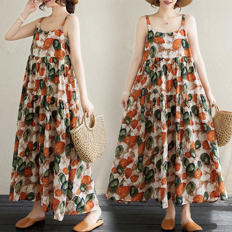 2024 Summer Cotton Linen Spaghetti Strap Long Dress with Large Hem and Slimming Fit