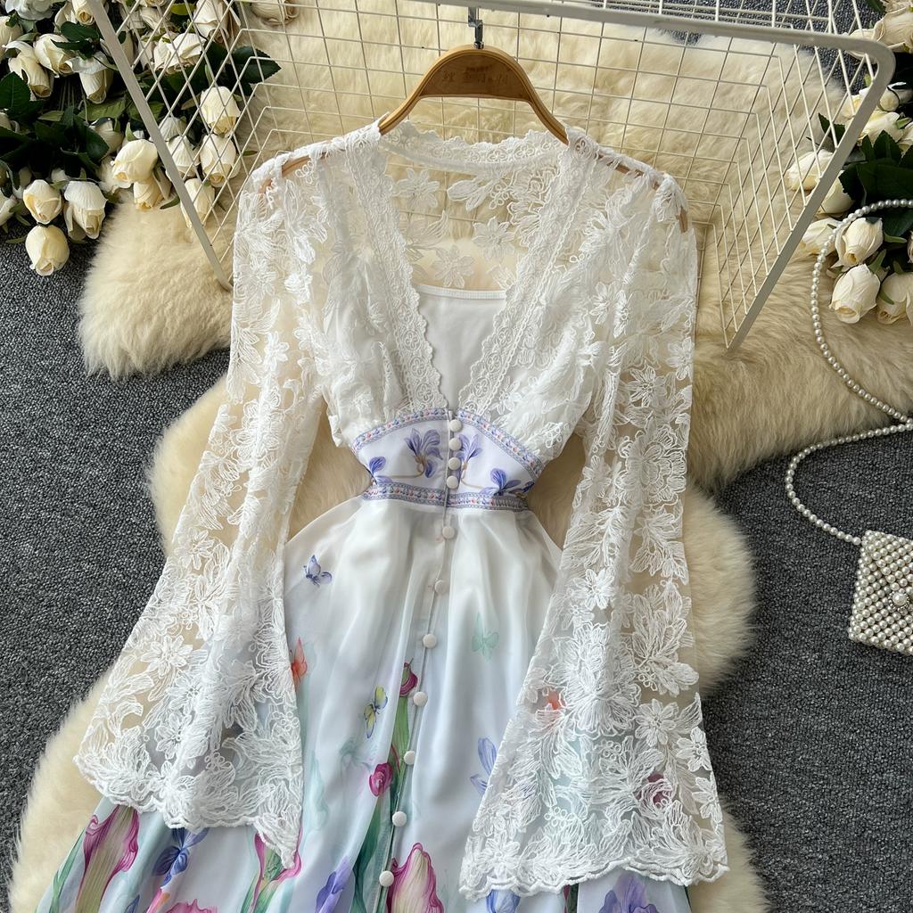 Frühling Herbst Frauen Elegante Spitze Flare Ärmel Tiefem V-Ausschnitt Print Lange Maxi Urlaub Party Kleider