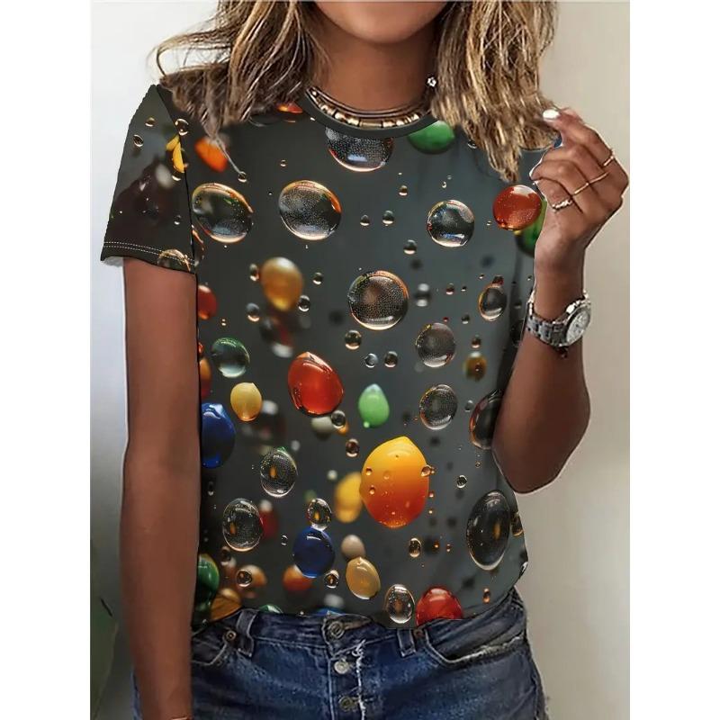Summer Round Neck 3D Water Droplet Printed Top Fashionable Casual Short Sleeved Women's T-shirts