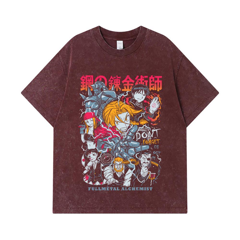 Camisetas Lavadas de 275 GSM 100% Algodón Fullmetal Alchemist V1 Estampado Unisex Camiseta Pesada de Algodón