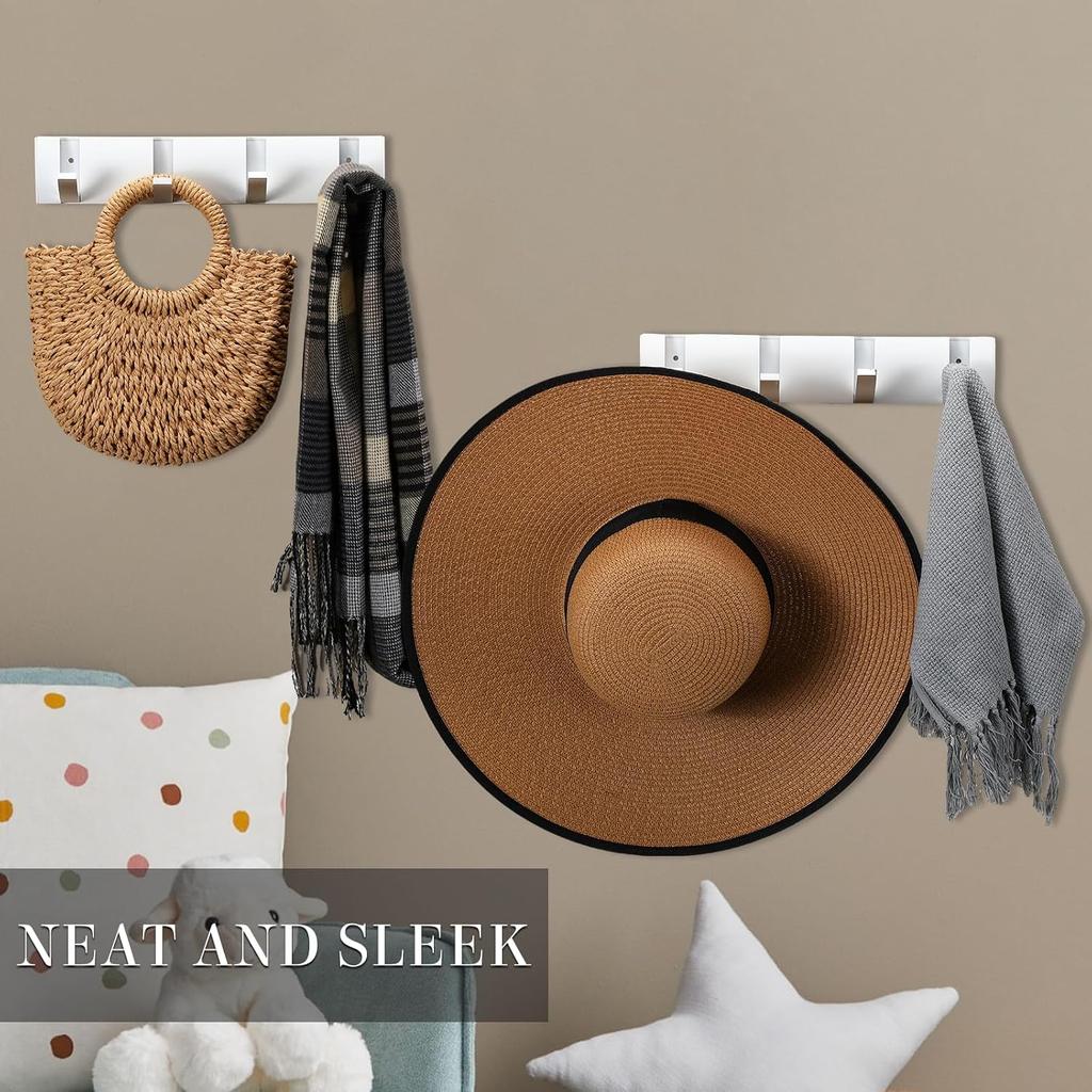 Wesiti 2 Pack White Wall Mounted Coat Rack Folding Aluminum Coat Rack with 4 Retractable Hooks for Space Saving Wall Hook Hangers Entryway Bathroom