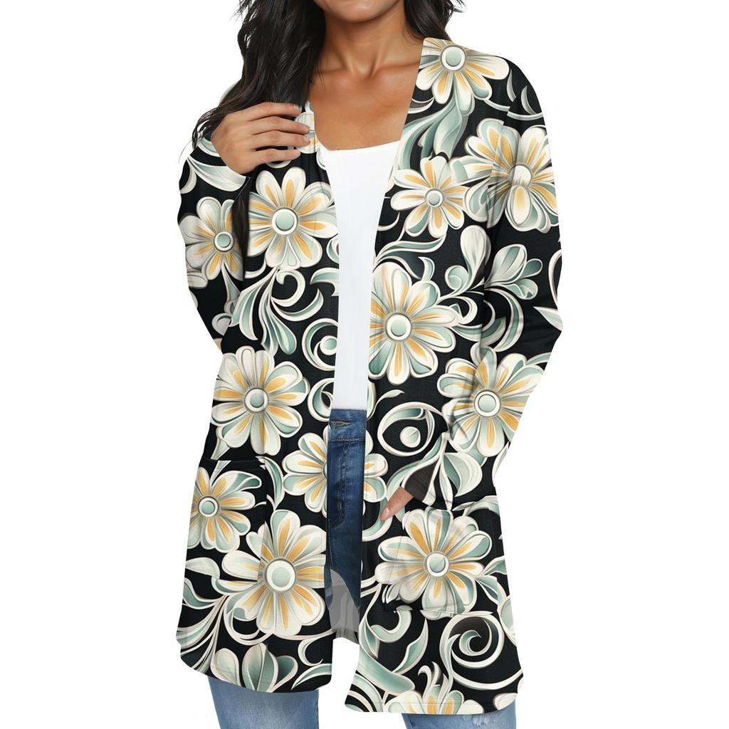 Women's Fashion Casual Retro Floral Print Mid-Length Cardigan Jacket