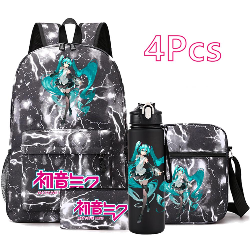 

4Pcs/set Anime Hatsune Miku Printed Backpack with 750Ml Water Bottler for Teenager Student Girl Boy Large Capacity Waterproof Bookbag