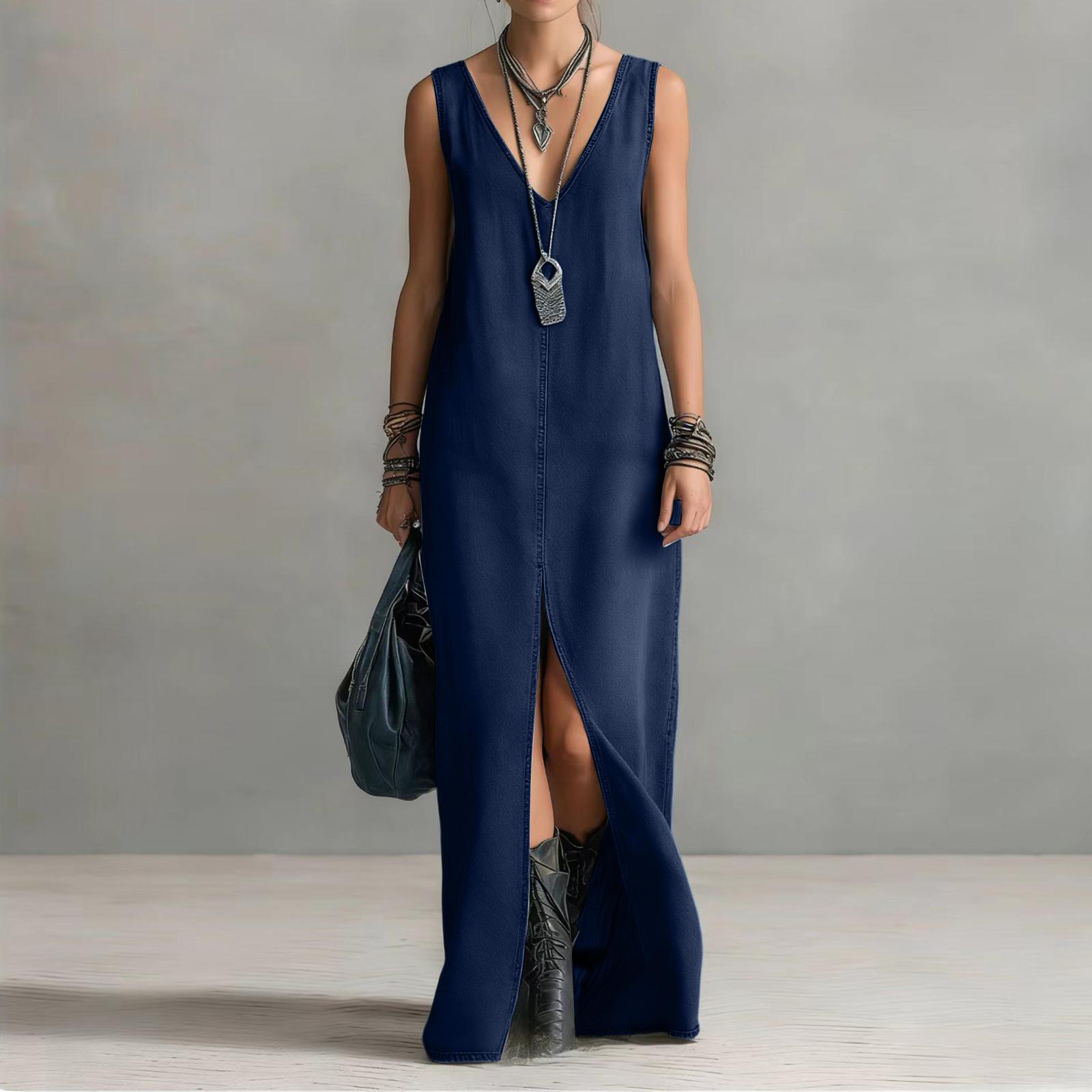 

Women s Color V Sleeveless Front And Bottom Slit Casual Long Denim Skirt L темно-синий