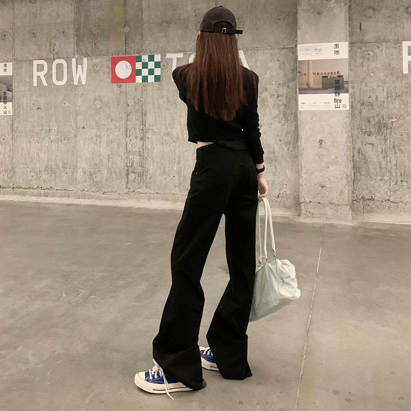 Calças de Jeans Micro-Flare Preto de Cintura Alta Femininas 2025 - Outono Modelador Ajuste Solto, Calças Versáteis Drapeadas até o Chão