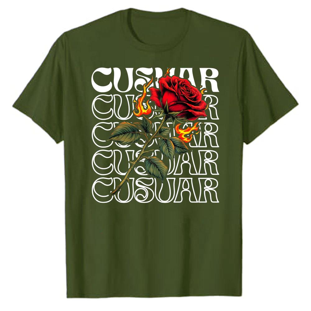 Burning Red Rose with Flame Repeated Cotton T Shirt CUSTOMAR Text Graphic Print Gothic Streetwear Aesthetic Casual Gift Tops