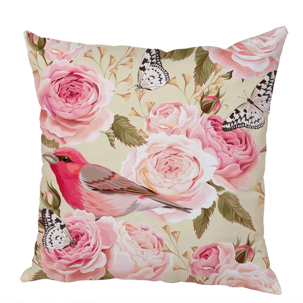 

Nordic Style Rose Flower and Birds Pillow Case Cushion Cover for Car Peach Skin Decor Flower Plant Animal Throw Pillowcase 12x12Inch