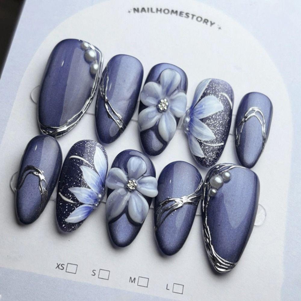 30pcs Long Square and Almond False Nails Crystal and Bow Knot Cat Eye Flowers Press On Nails French Detachable Fake Nails Women