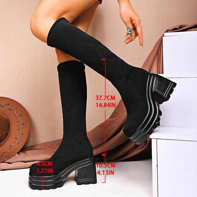 Women's Black High Heels Knee High Boots Slim Fit Slip On Gothic Platform Shoes Woman Non Slip Chunky Heeled Long Botas De Mujer