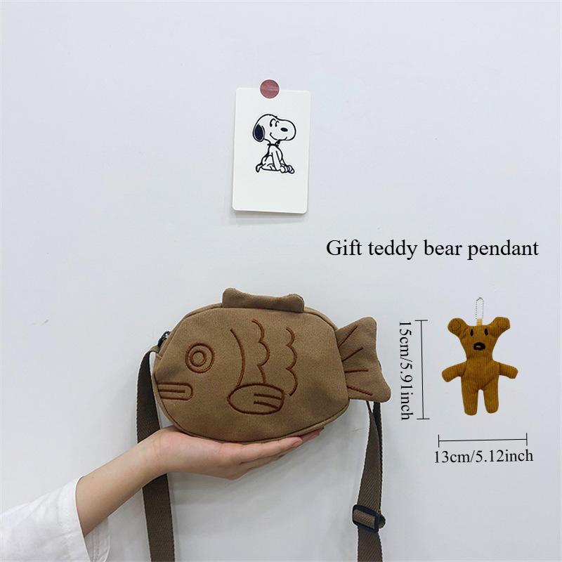 Fish Shape Canvas Messenger Bag Fashion Cute Embroidery Portable Zippered Small Purses Handbags Mini Crossbody Bag