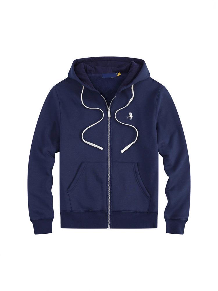 Men's Fleece-Lined Little Pony Embroidered Hoodie - Autumn/Winter, Loose Fit, Plus Size, Solid Color, Polo Style
