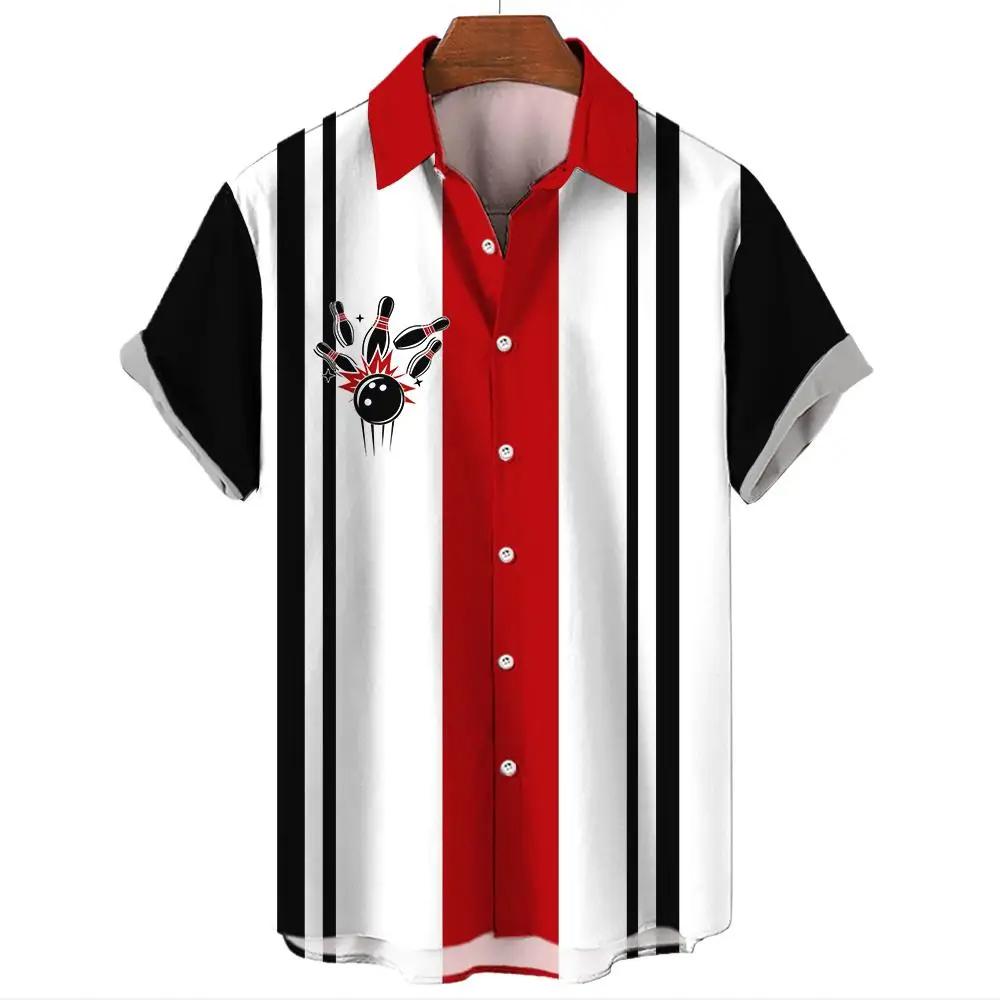 Fashion Bowling Ball Pattern Print Men's Shirt for Men Tops Summer Men's Clothing Short-Sleeved Button Loose Blouse Shirts