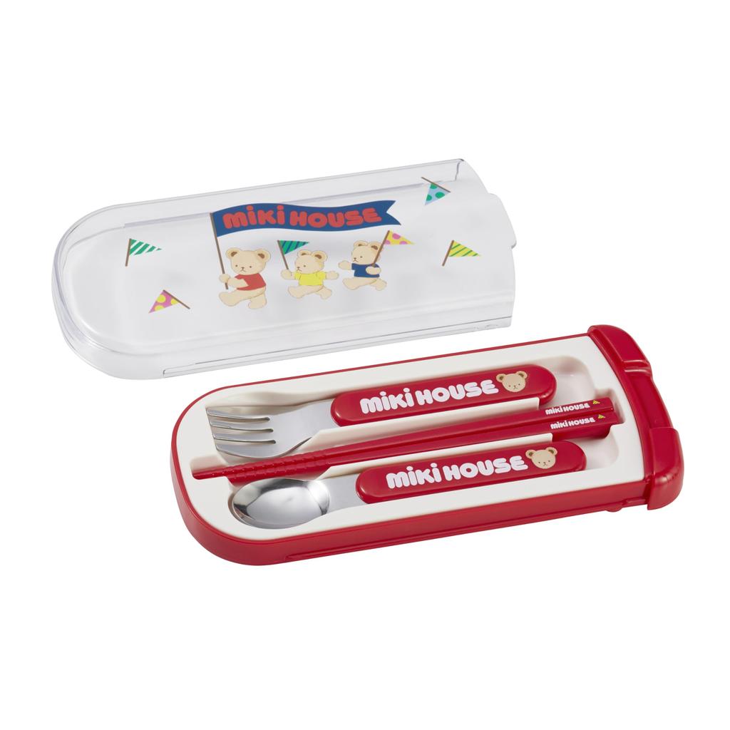 MIKI HOUSE Trio Set: Chopsticks, Spoon, Fork, and Bear Design, Made in Japan, Dishwasher Safe, Suitable for Boys and Girls, Baby, Kids, Kindergarten,