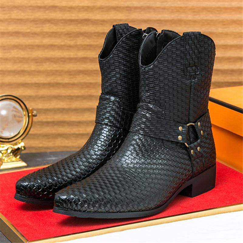 New Winter Fashion Pointed Toe Knit Pattern Chelsea Ankle Boots Men's Casual Luxury Brand High-top Shoes Zapatos Hombre