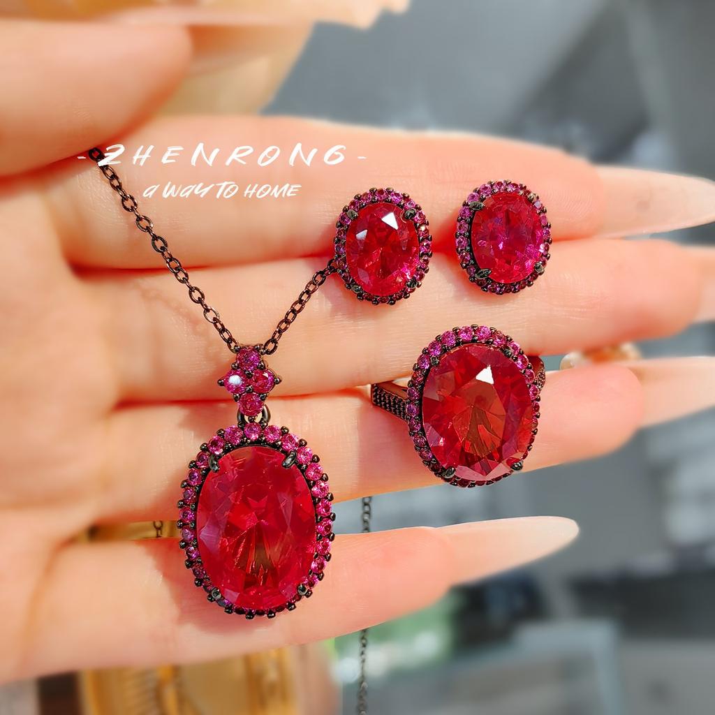 New Diablo Series Pigeon Blood Red Corundum Zircon Sets Personality Black Gold Color Rings Pendant Necklaces Earrings For Women