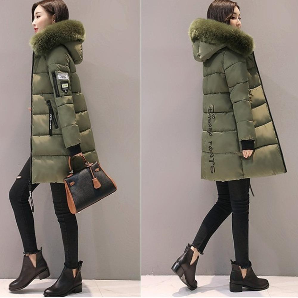 Women Winter Fur Collar Hooded Parka Fashion Letter Patch Zipper Pockets Design Long Jacket Elegant Slim Warm Thick Female Coats