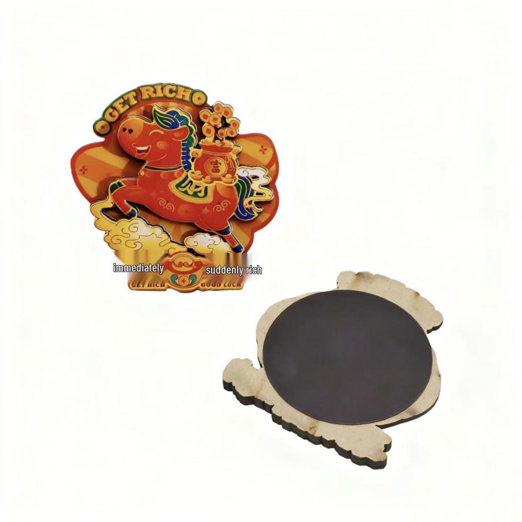 2026 Jahr des Pferdes Holz Cartoon Kühlschrankmagnet - Frühlingsfest Atmosphäre