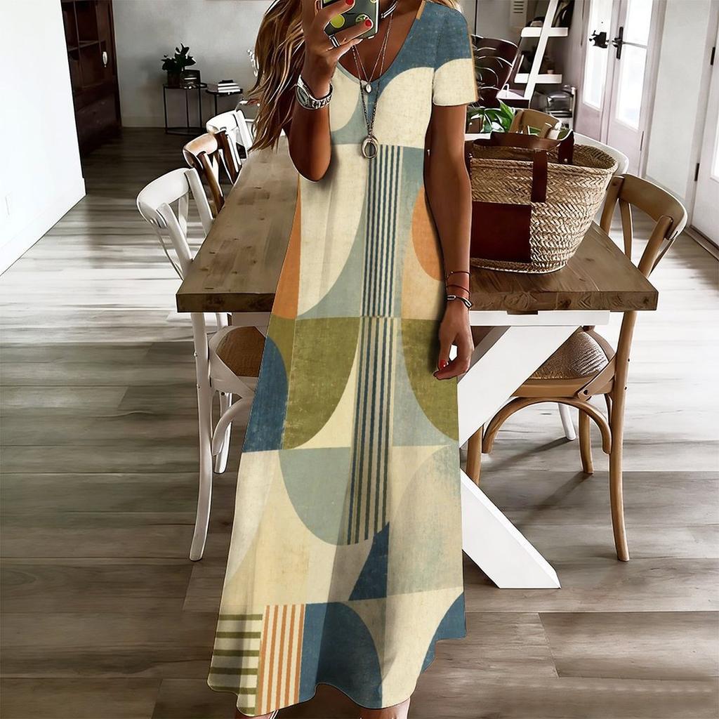 Women Plus Size V Neck Short Sleeve Printed Straight Long Dress Green Khaki