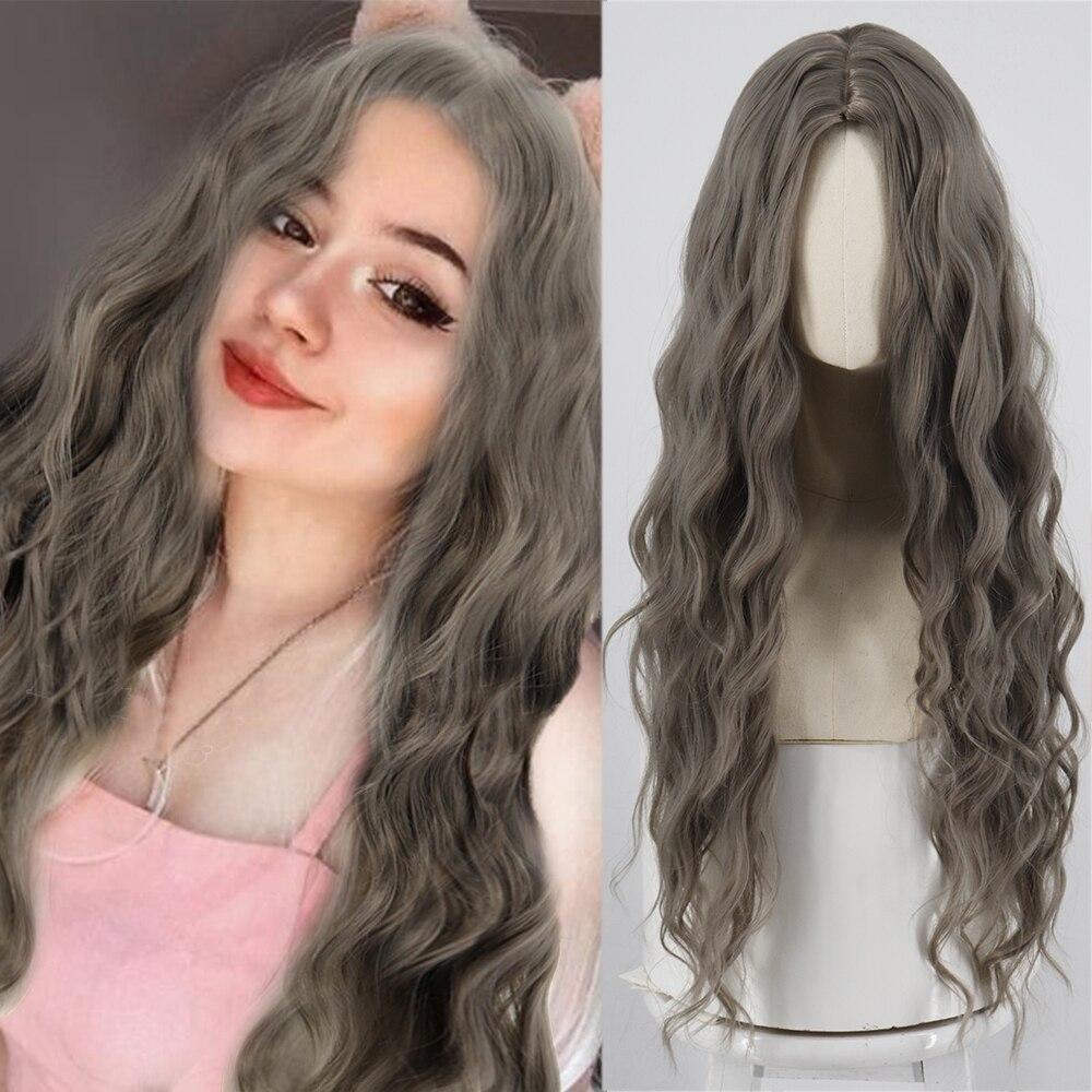 MISSQUEEN Modische lange gewellte Perücke für Damen ohne Pony, synthetische Faser, lange natürliche Welle, Rotwein-Perücke für den Alltag