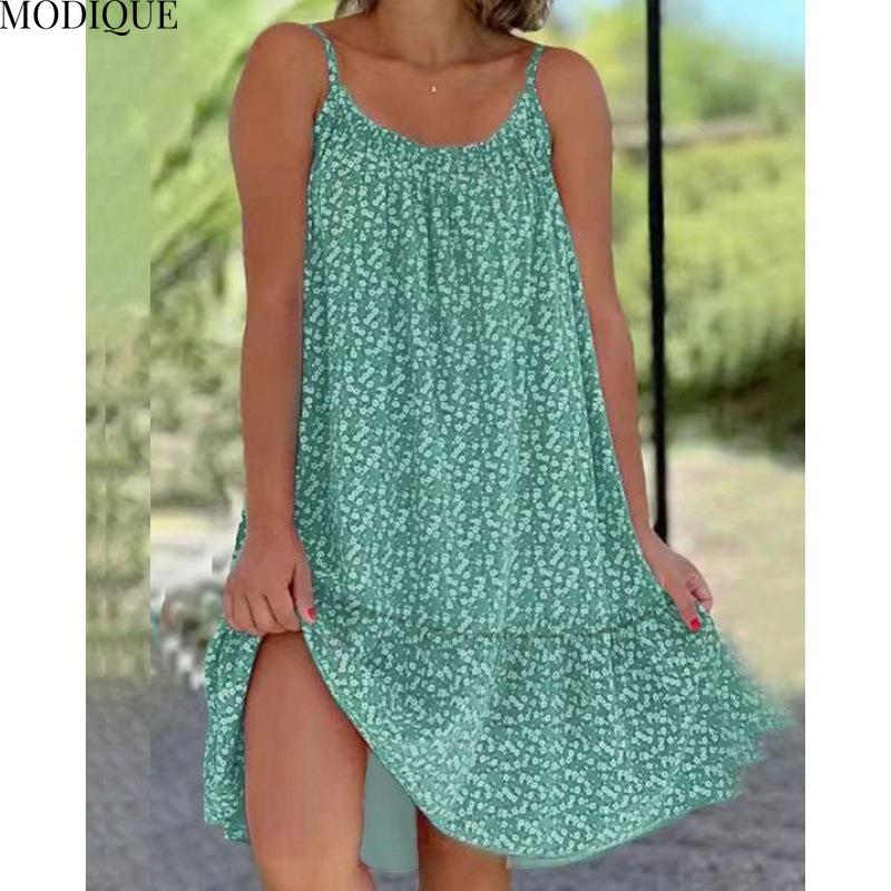MODIQUE 2025 Summer Plus Size New Women's Loose Casual Hot Floral Halter Long Dress Ladies Folk Multiple Colors O-Neck Dress