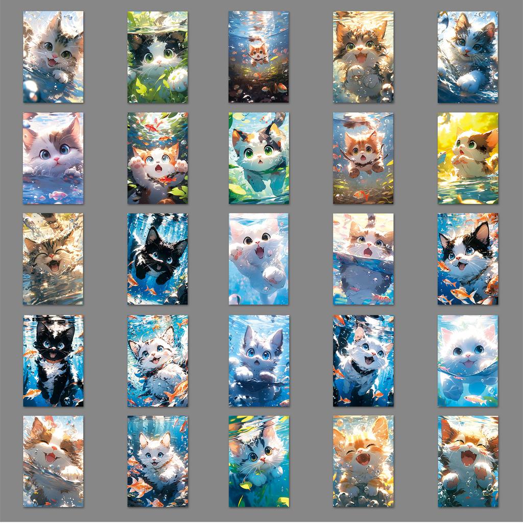 50 Cats Playing with Water Doodle Stickers Cartoon Cute Cats Gauze Decorative Water Cup Mobile Phone Case Computer Stickers