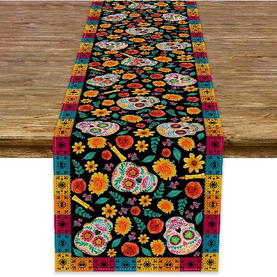 Dia De Los Muertos Table Runner Linen Mexican Sugar Skull Day of The Dead Altar Decoration for Home Kitchen Dining Room (13" X 72")