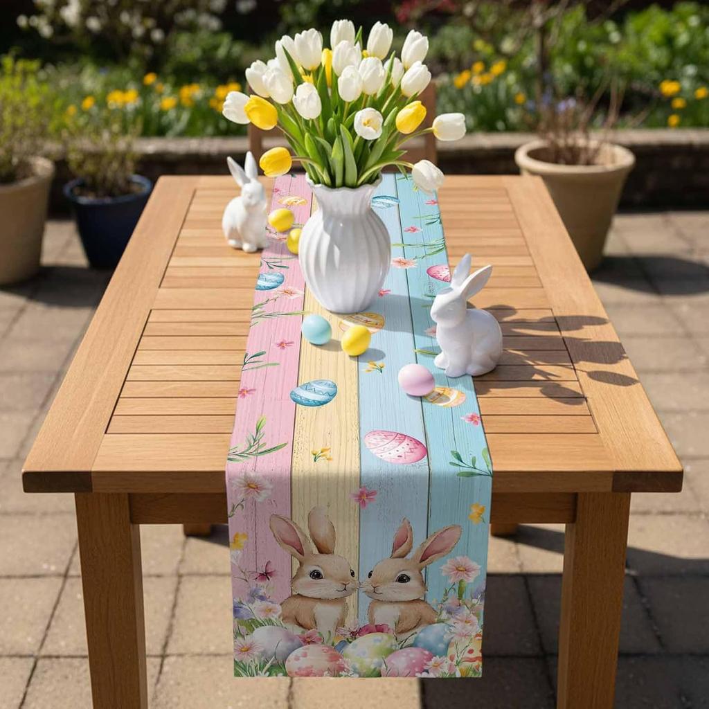 Easter Bunny Eggs Floral Linen Table Runner Home Decor Spring Watercolor Flowers Wood Grain Table Runners Easter Decorations