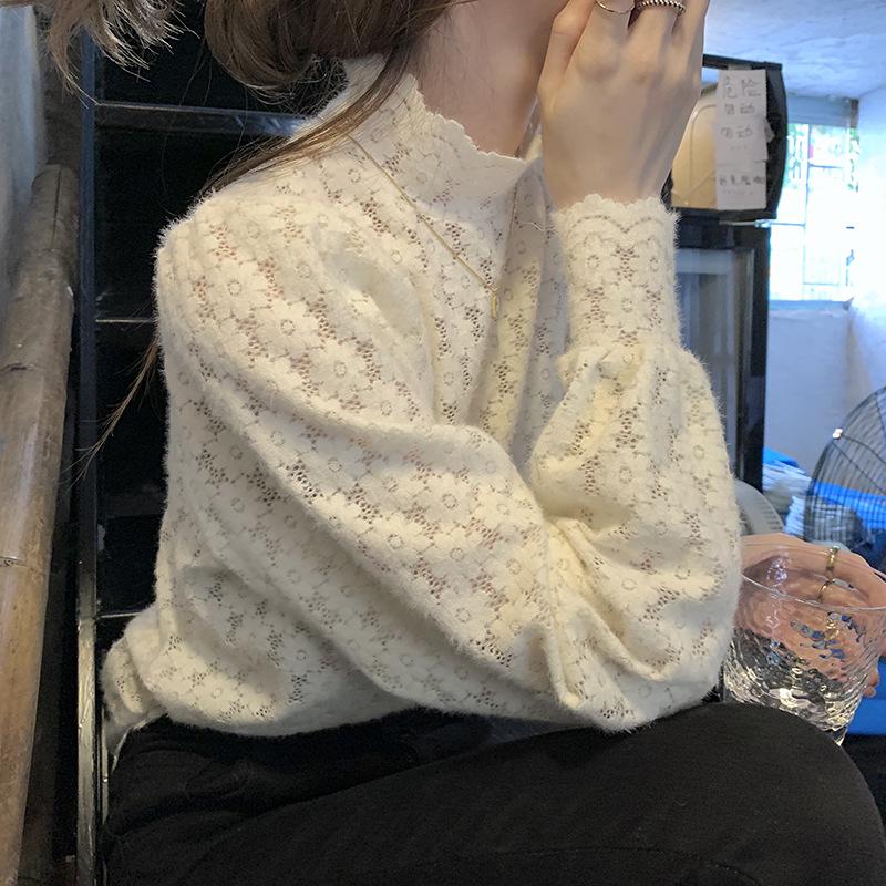 Hollow Out Frosted Lace Blouse Spring Autumn Top Women Korean Slim Fit Zippered Half High Collar Base Shirt