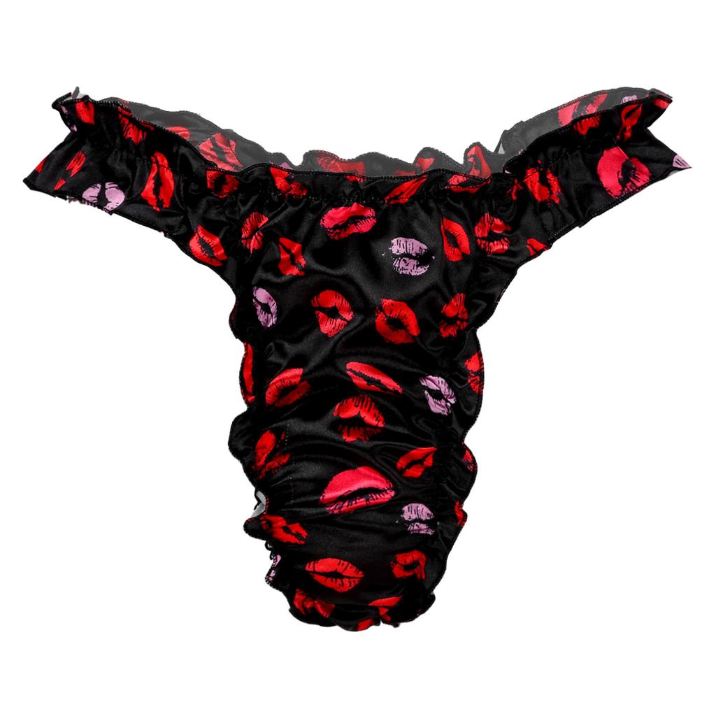 Mens Satin Underwear Sissy Bikini Briefs Thong Ruffle Lace Shiny Panties Underpants