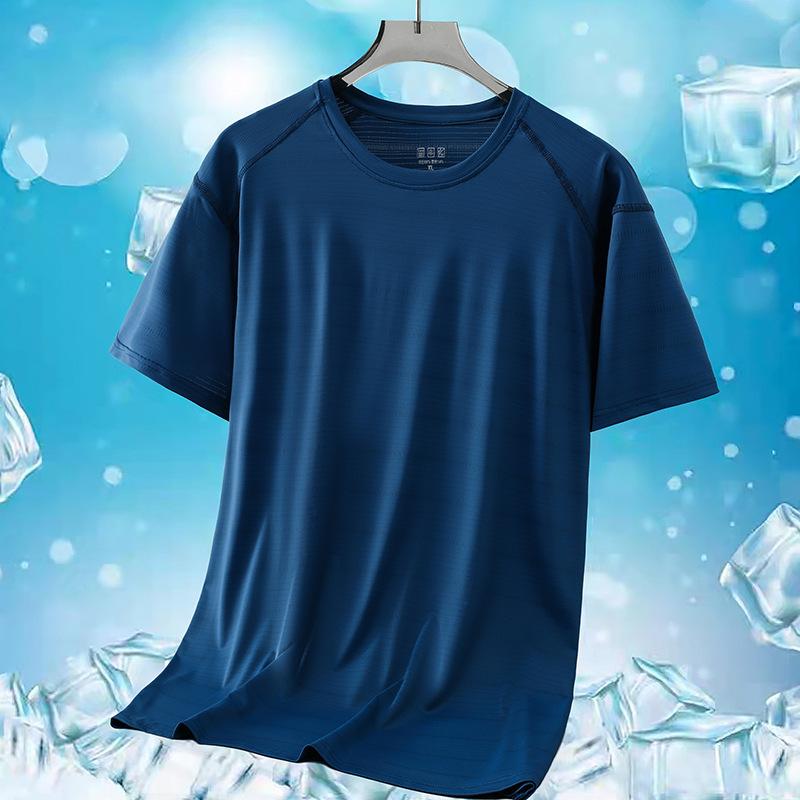 Camiseta masculina de verão com gola redonda, plus size, seda gelada, esportes ao ar livre e lazer, secagem rápida, manga curta, cor sólida