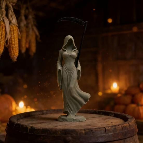 Figurina Gotica Falciatore con Falce da Tavolo Scultura Femminile Spettrale con Veste con Cappuccio per Decorazione Scaffale Scrivania Casa di Halloween
