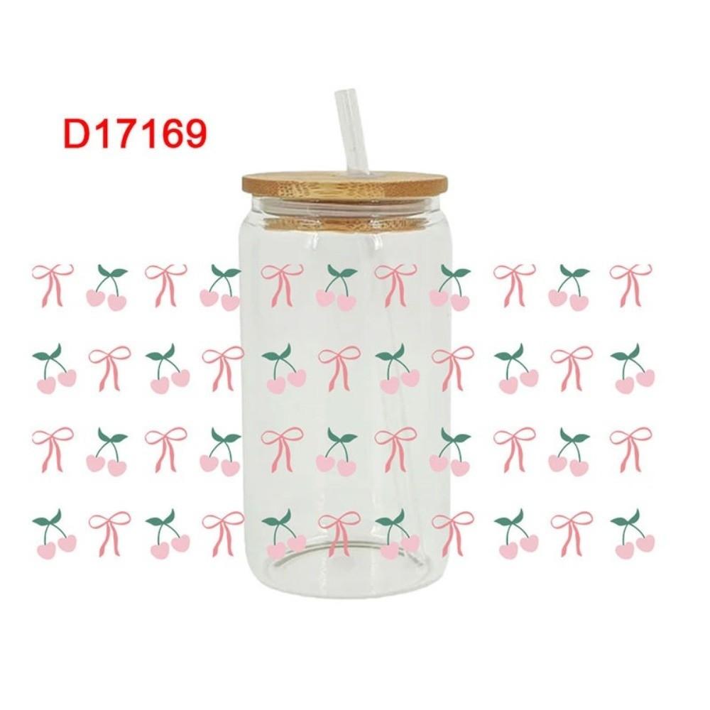 Clear UV DTF Transfer Sticker Waterproof Pink Bow Decals Water Bottles Sticker  For 16Oz Glass Cup