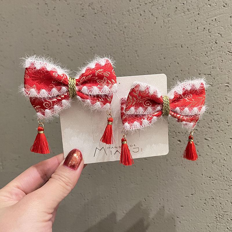 Chinese Style Princess Hair Clips with Pearl Pendant and Bowknot for Baby New Year and Hanfu Festivities