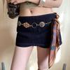 Beaded Waist Belt With Metal Chain And Silk Scarf For Daily Fashion