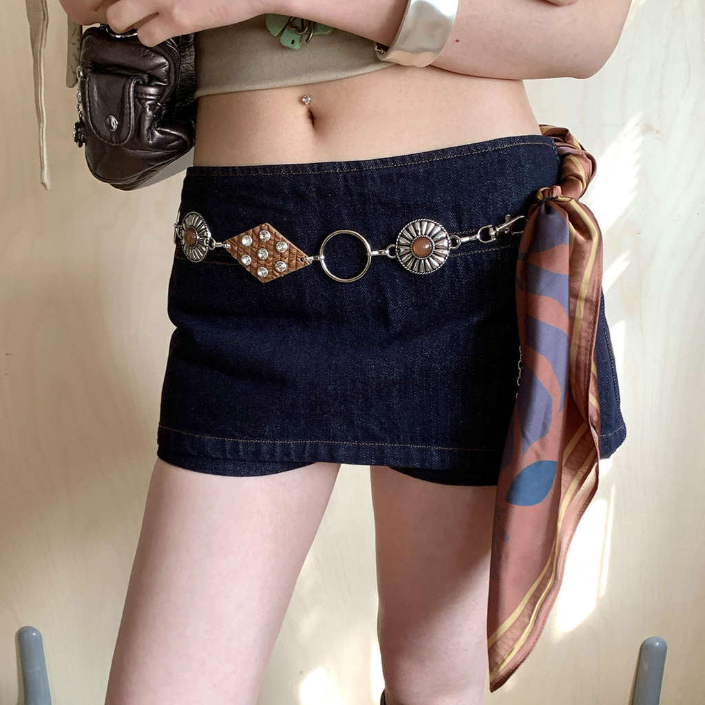 Beaded Waist Belt With Metal Chain And Silk Scarf For Daily Fashion