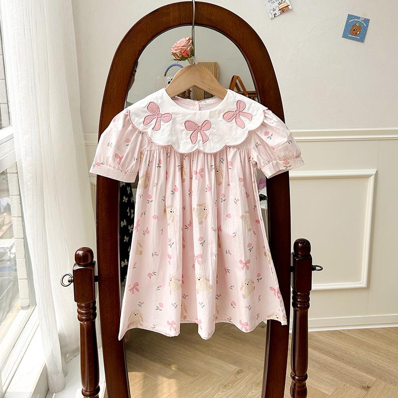 Girls Summer Princess Dress With Bowknot Embroidered Flower Collar And Bear Print Short Sleeves 90cm
