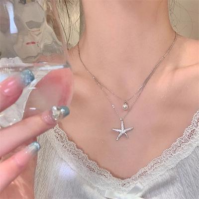 Exquisit Starfish Double Layered Necklace Fashion Silver Color Alloy Shining Chain Choker Necklace Pendant Women Jewelry Gift
