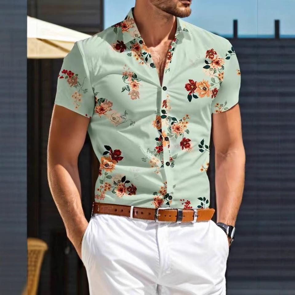 Camicia da uomo casual a maniche corte con stampa floreale tropicale hawaiana