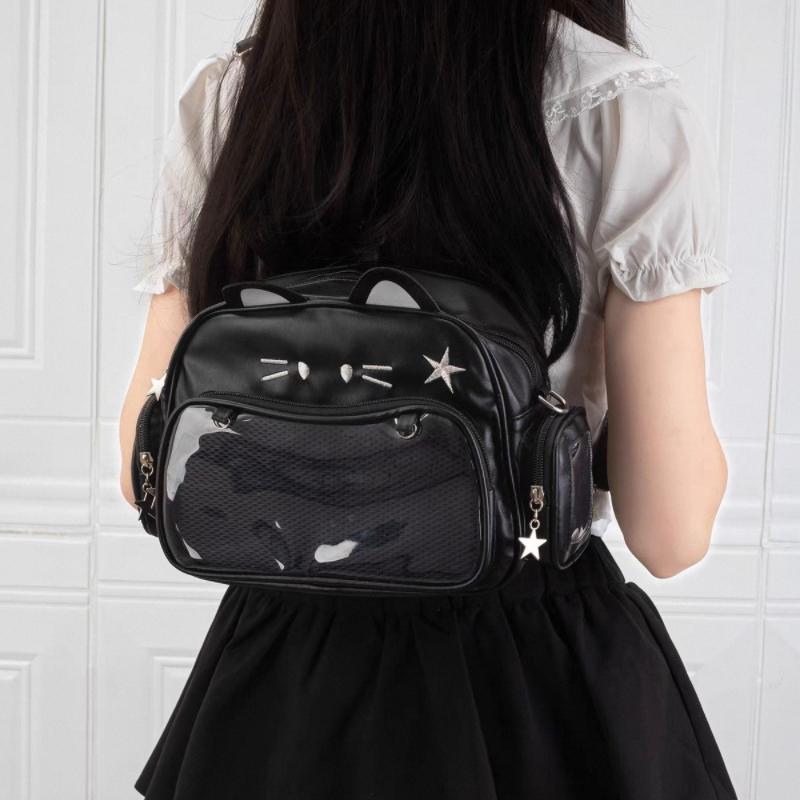 New Korean Kawaii Cat Ita Bag Cute PU Shoulder Bag Girls Transparent Pocket Harajuku Crossbody Bag Women's Fashion Backpacks