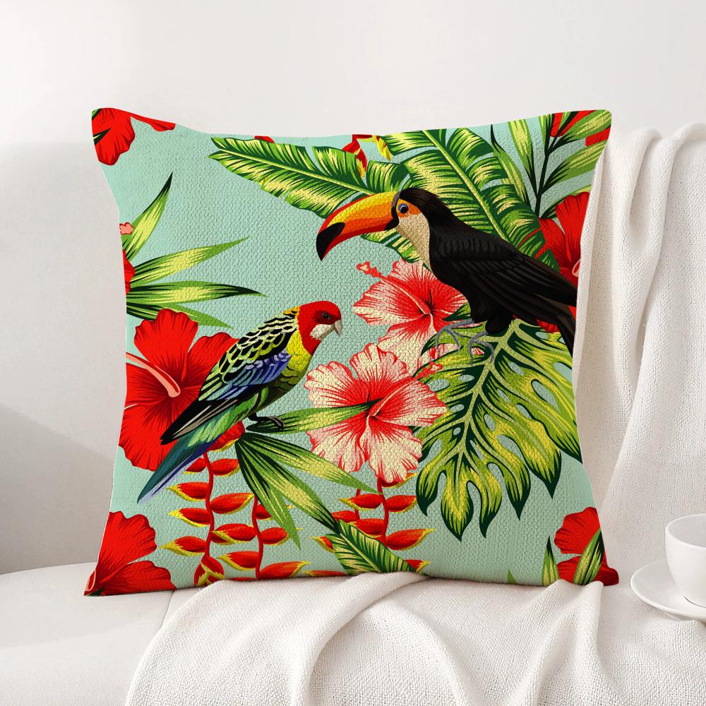 Tropical Parrots Flowers Palm Leaves Cushion Cover Natural Linen Organic Fabric DoubleSided Printing Breathable Perfect Decor