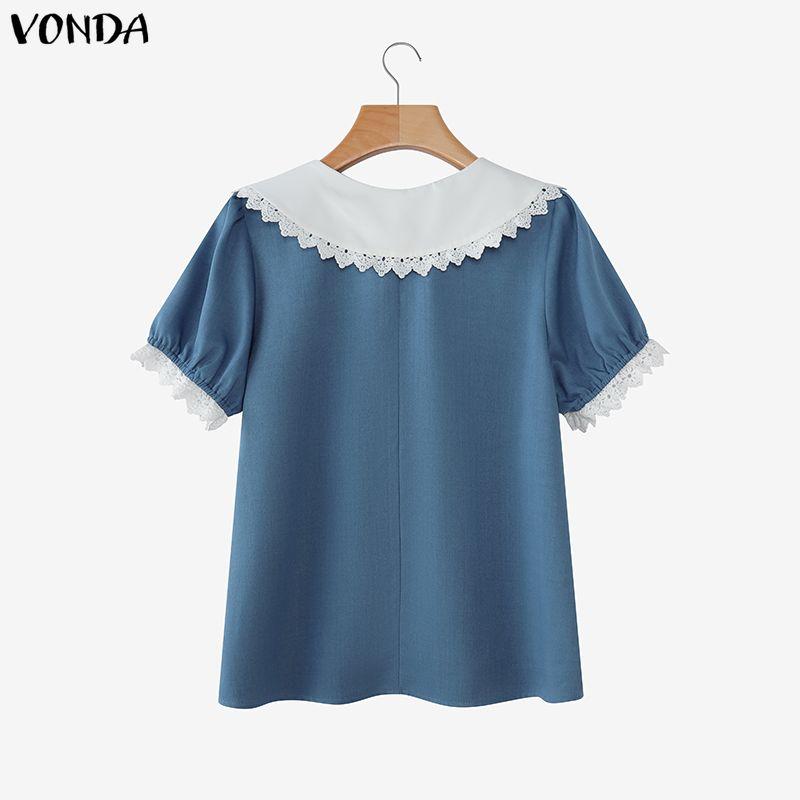 VONDA Elegant Women Turn Down Collar Lace Hem Bow Casual Short Sleeve Blouse
