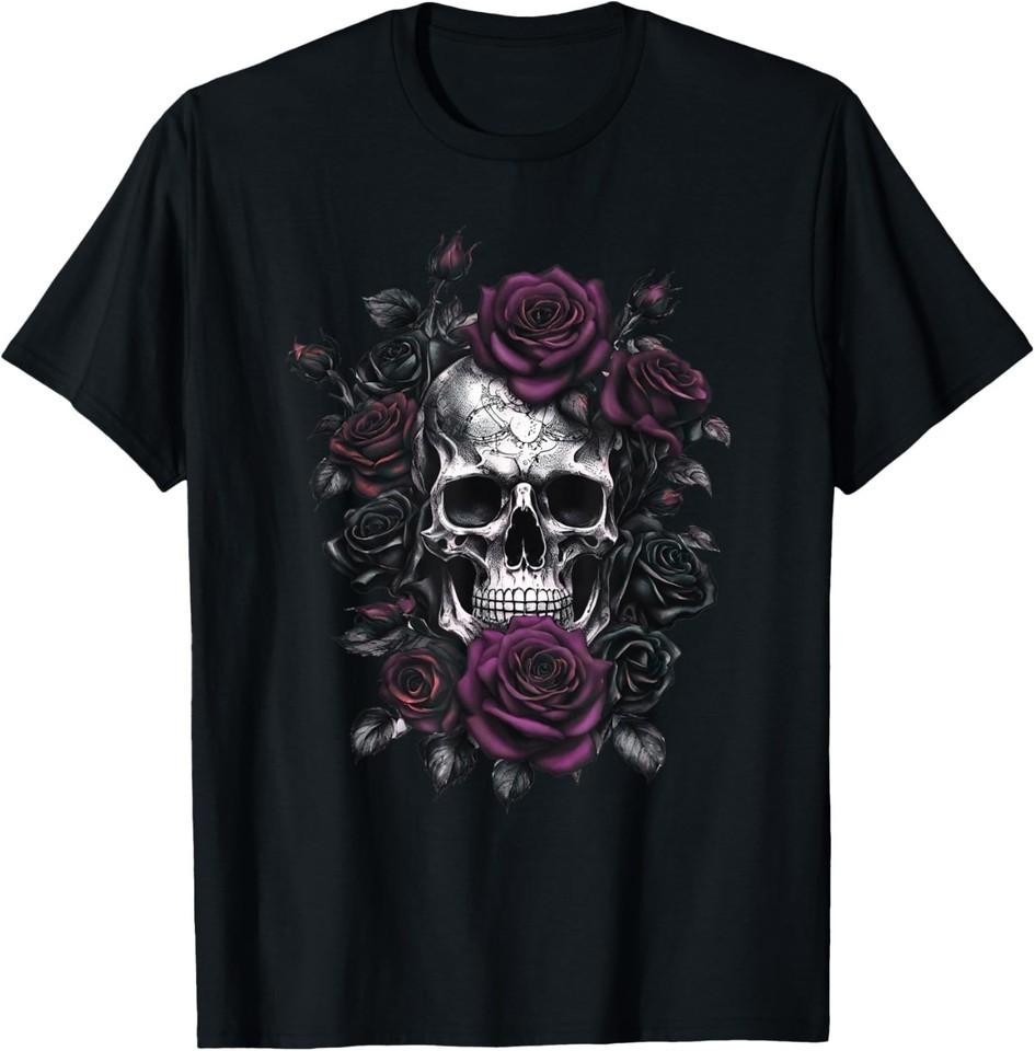 Skeleton Metalhead Skulls and Roses Metal Rock Purple Roses T-Shirt UNISEX 4XL