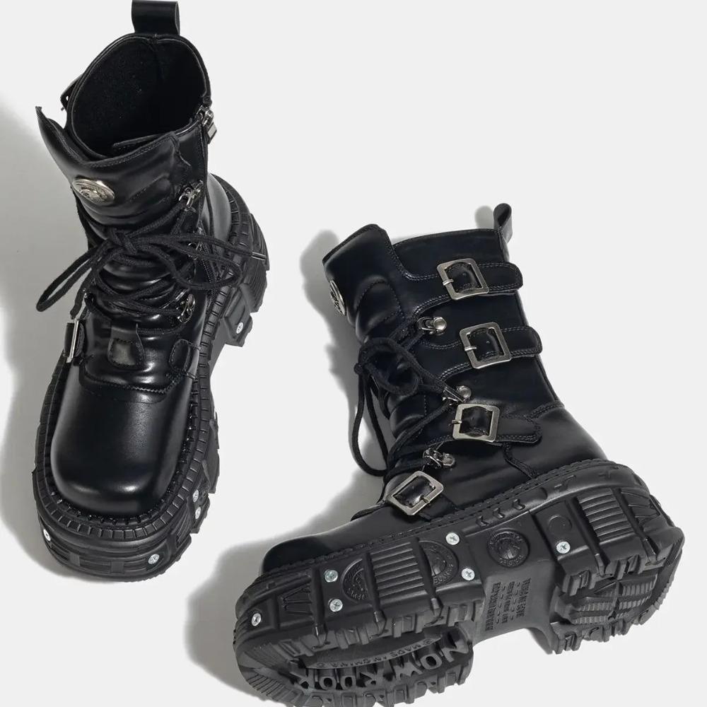 Women's  New Niche Internet Celebrity Muffin Platform Locomotive Punk Goth Lace-up Medium Boots