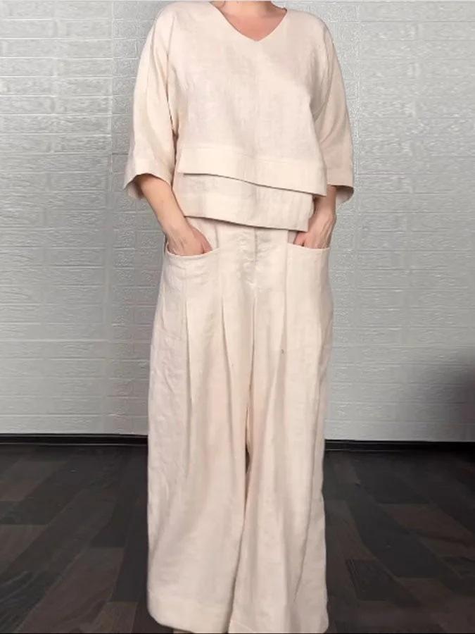 Women's Loose Fit V-Neck Layered Top with Wide Leg Pants Set In White, Grey, Black, Navy, Beige